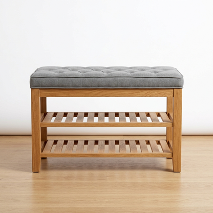 Wooden shoe storage bench with cushion on a white background
