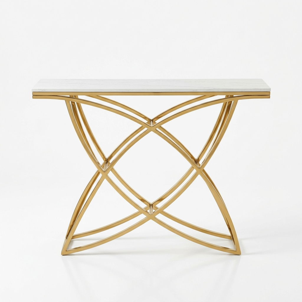 White console table with stone top on a white background