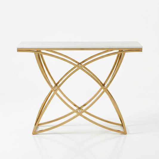 White console table with stone top on a white background