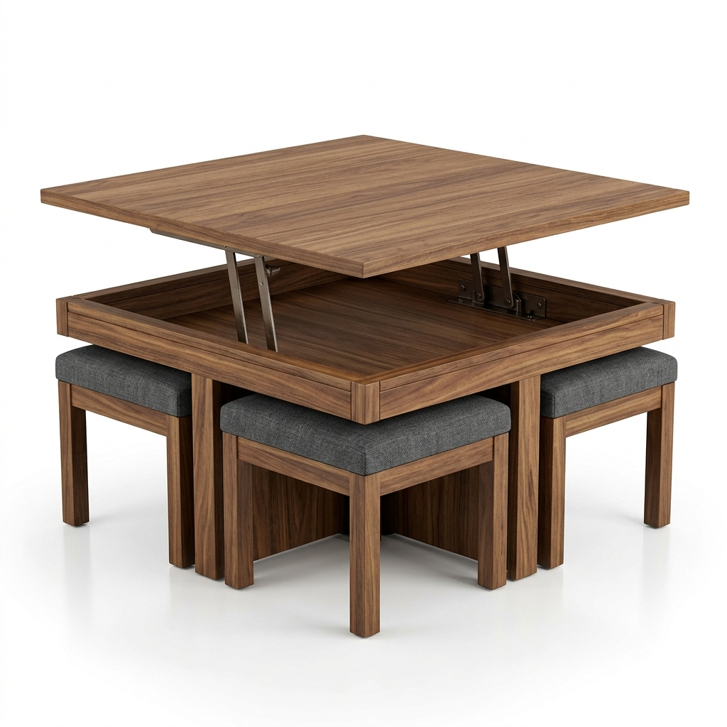 Walnut lift-top coffee table with stools on a white background