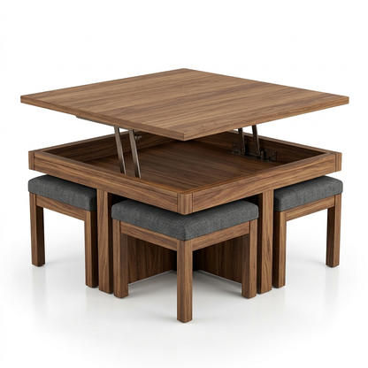 Walnut lift-top coffee table with stools on a white background