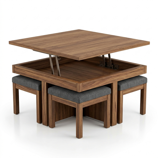 Walnut lift-top coffee table with stools on a white background