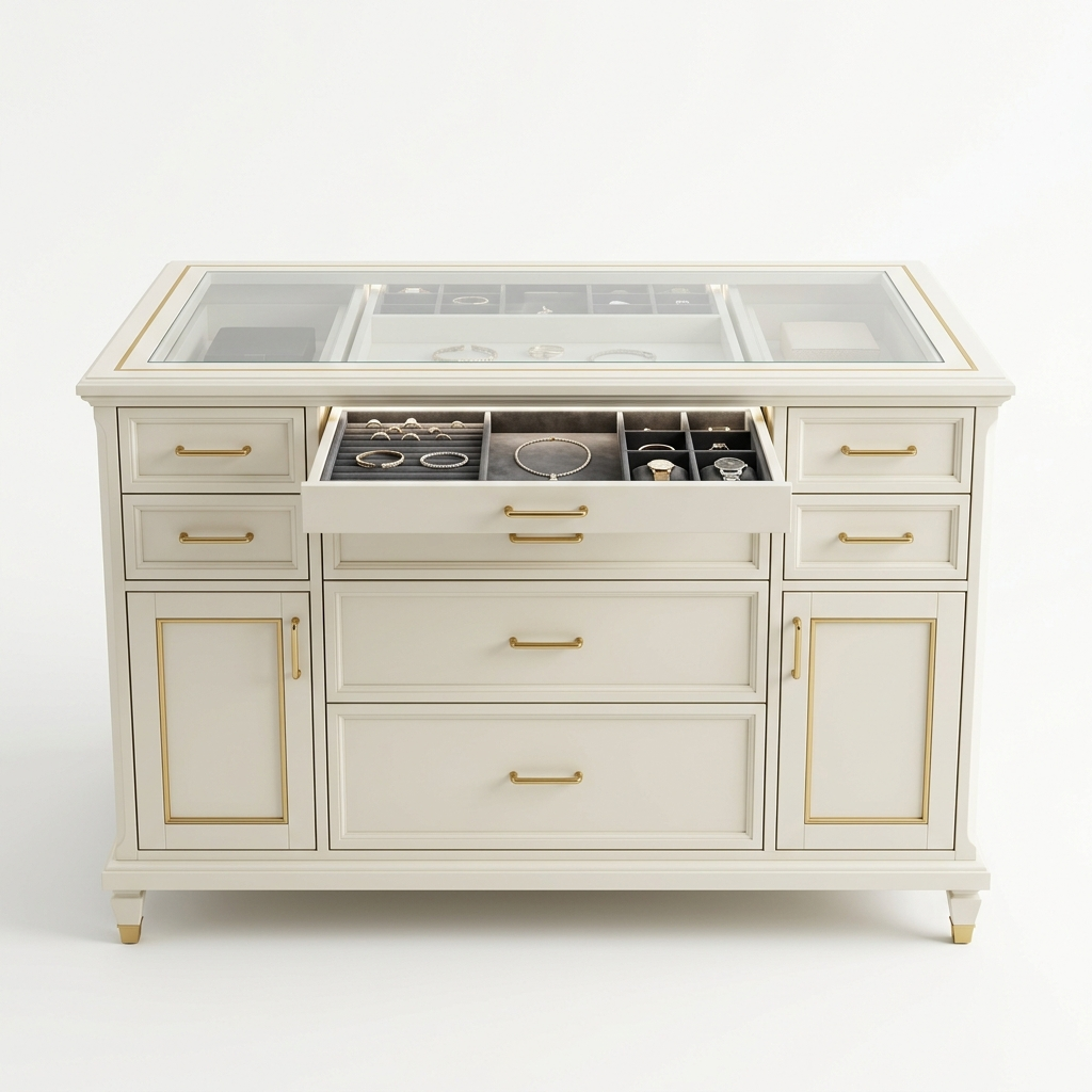 Ivory glass-top dresser island on a white background