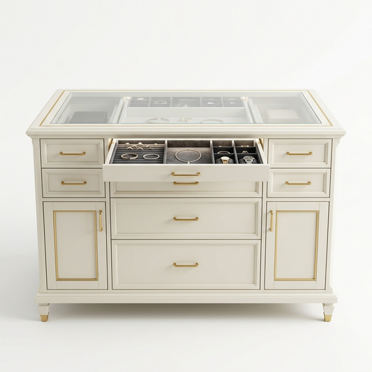 Ivory glass-top dresser island on a white background