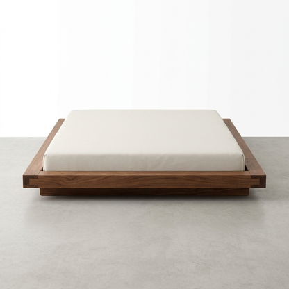 Walnut Japanese platform floor bed on a white background