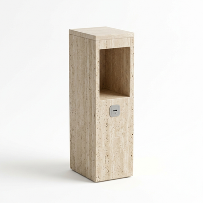 Travertine stone end table with USB port on a white background