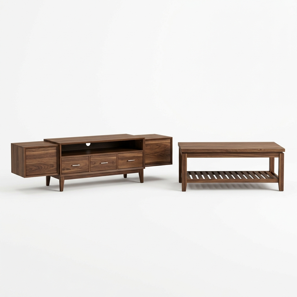 Walnut TV stand and coffee table set on a white background
