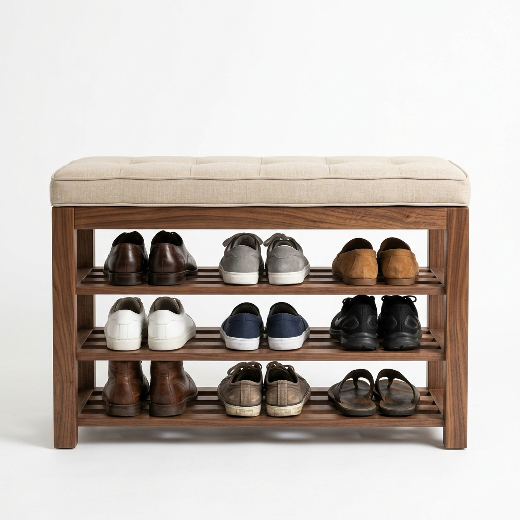 Walnut shoe storage bench with cushion on a white background