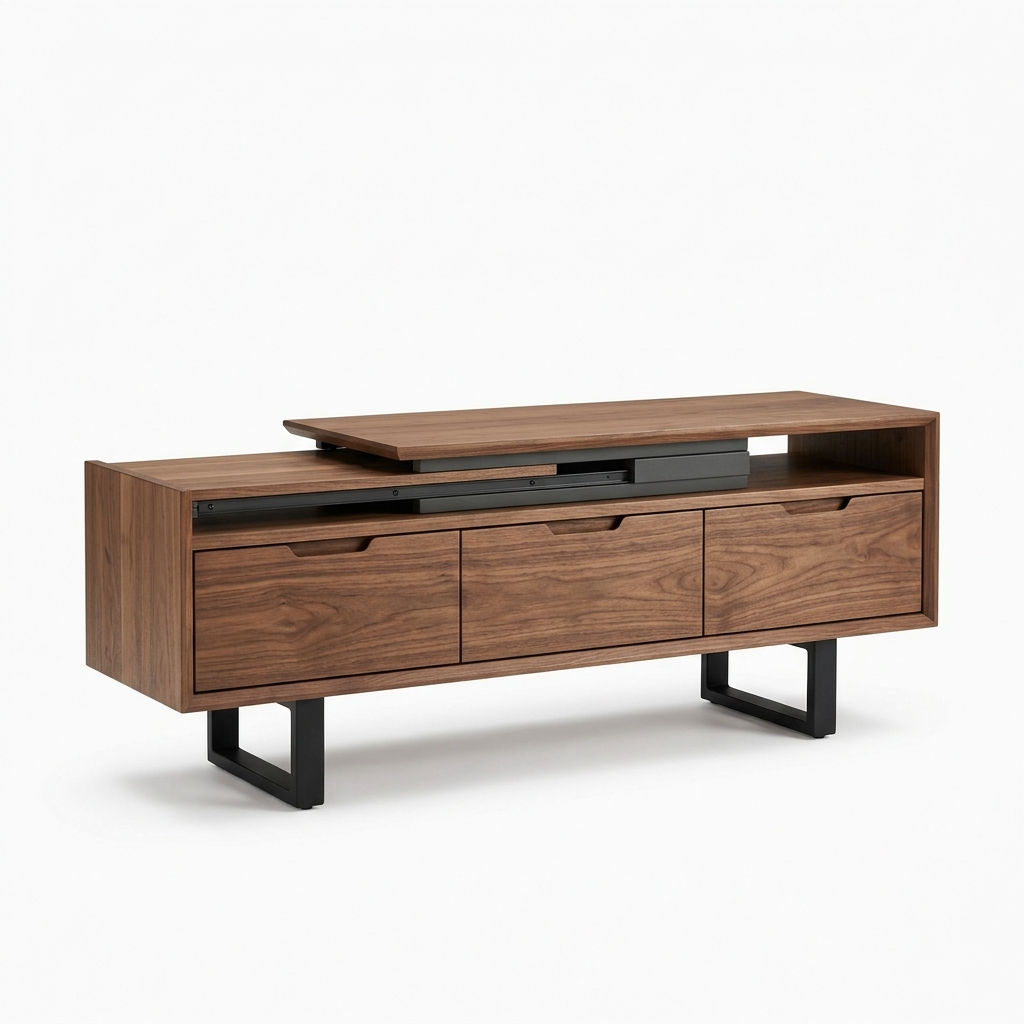 Walnut extendable TV console on a white background