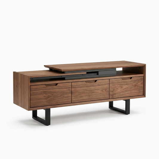 Walnut extendable TV console on a white background