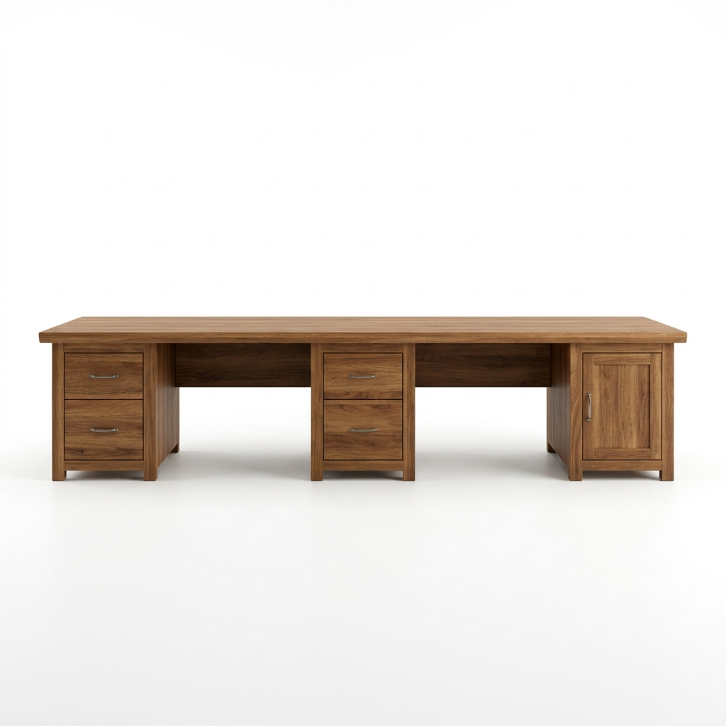 Brown two-person office desk on a white background