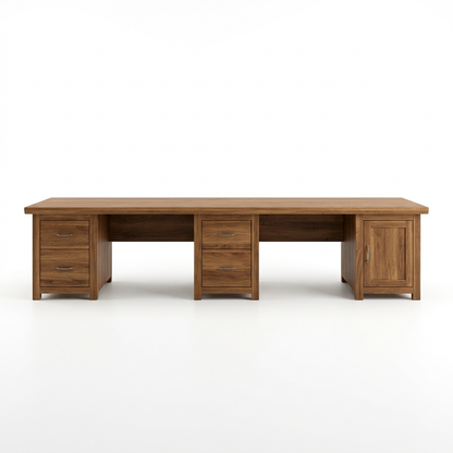 Brown two-person office desk on a white background