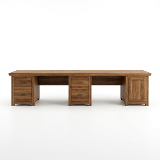 Brown two-person office desk on a white background
