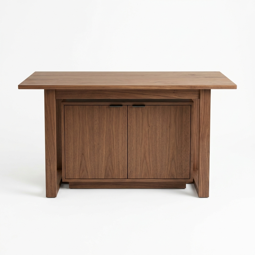 Walnut standing desk with storage cabinet on a white background