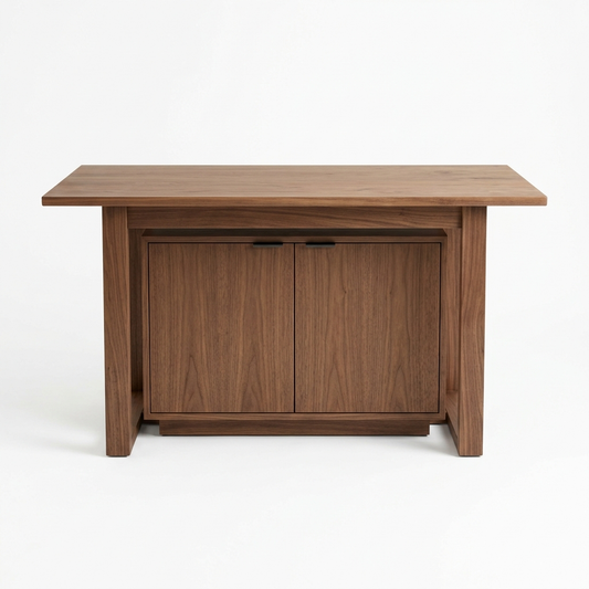 Walnut standing desk with storage cabinet on a white background