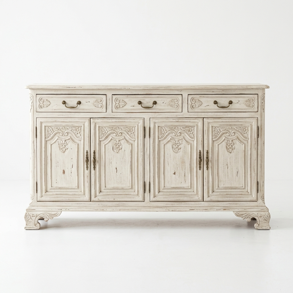 Distressed white French country sideboard on a white background