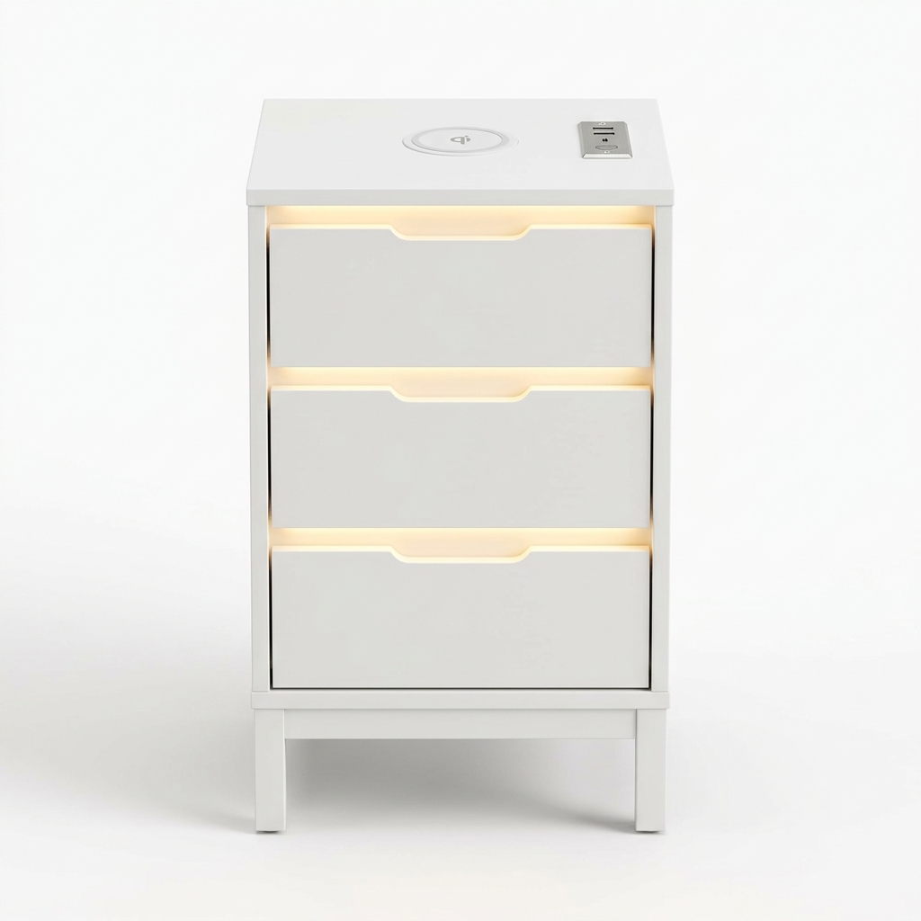 White LED bedside table with charging station on a white background