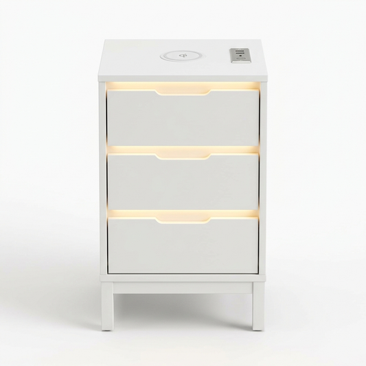 White LED bedside table with charging station on a white background