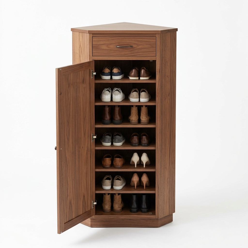 Walnut corner shoe storage cabinet on a white background