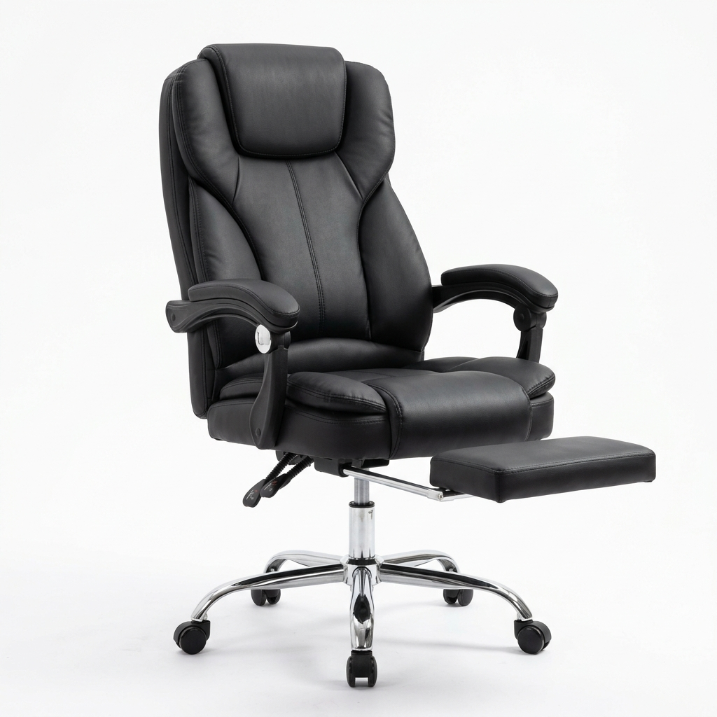 Black leather reclining office chair on a white background