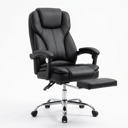 Black leather reclining office chair on a white background