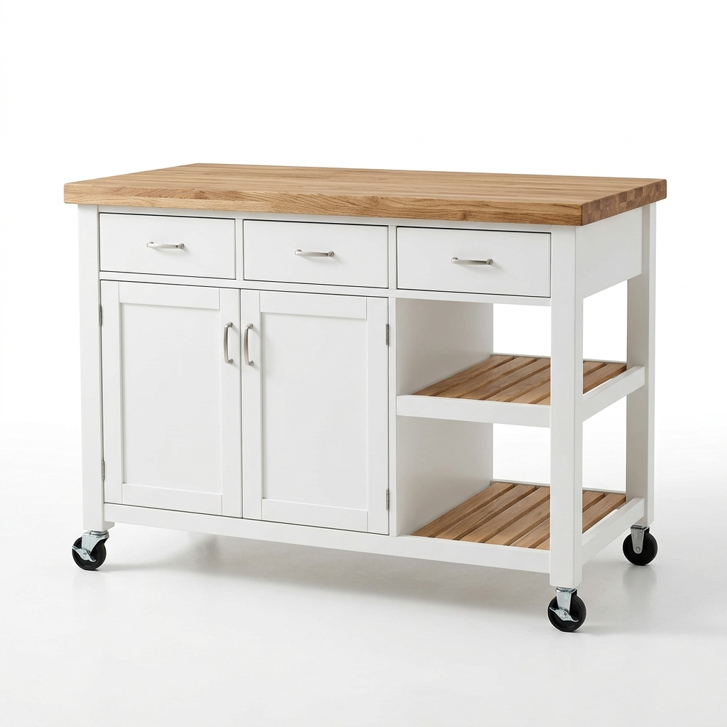 White kitchen island with storage on a white background