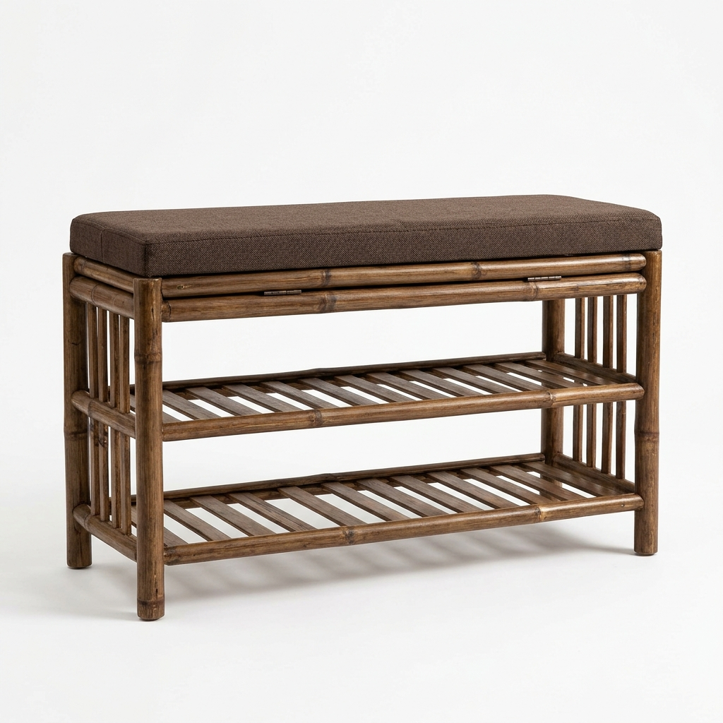 Bamboo shoe storage bench on a white background