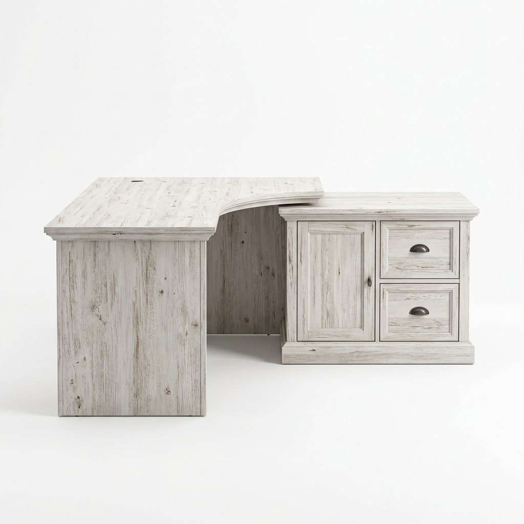 Whitewash L-shaped office desk on a white background