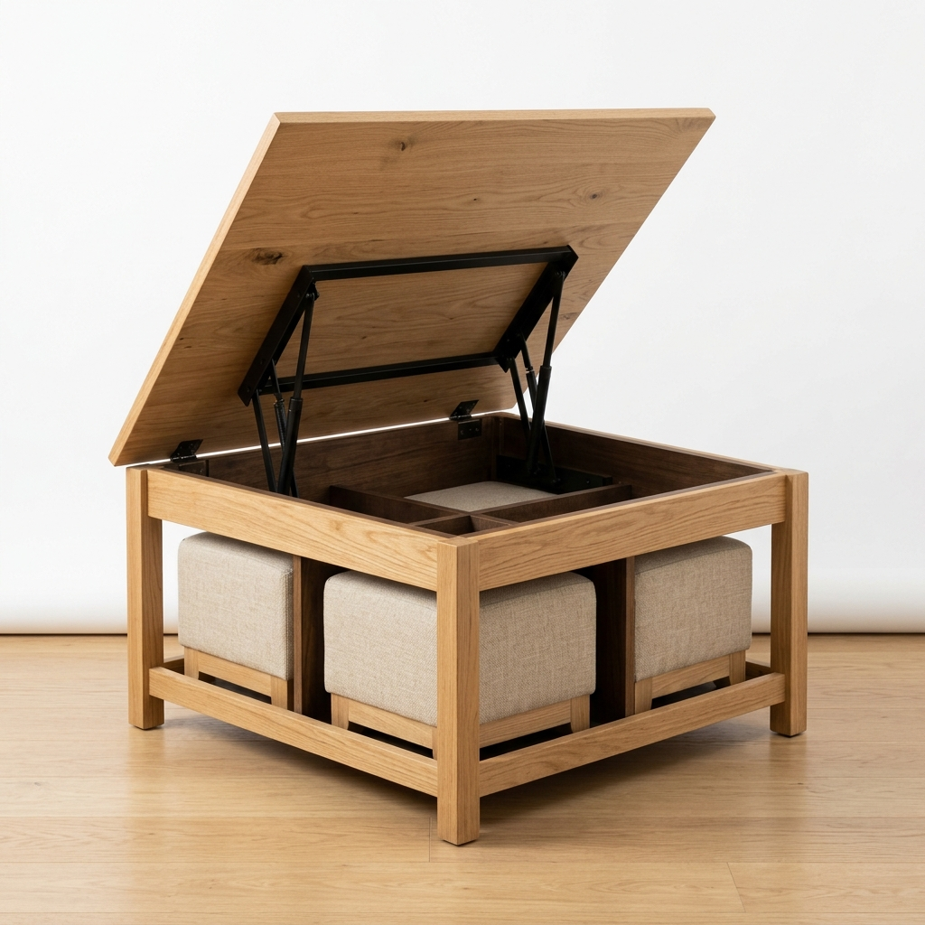 Natural lift-top coffee table with stools on a white background
