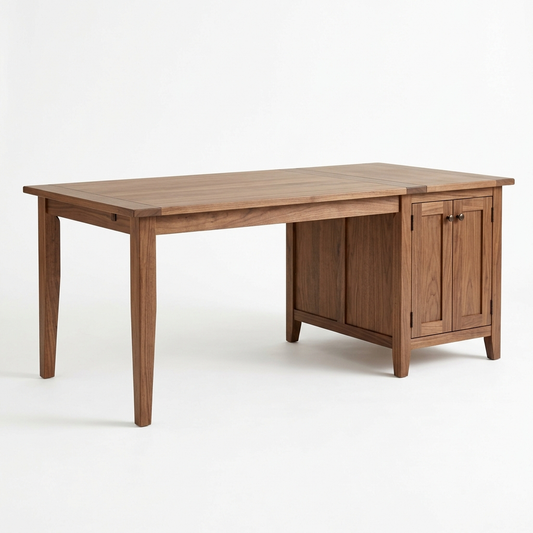 Farmhouse walnut dining table with sideboard on a white background