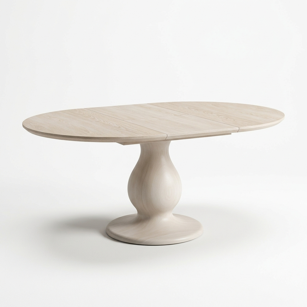 Whitewash extendable pedestal dining table on a white background