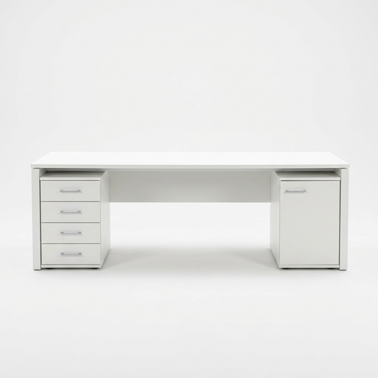 White two-person office desk on a white background