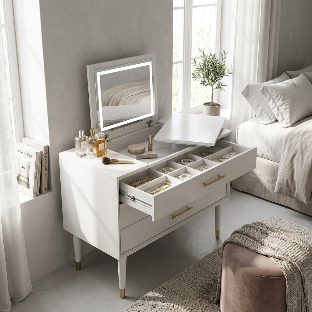 White retractable dressing table angled lifestyle view