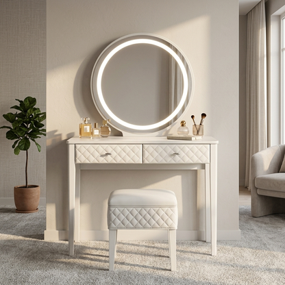 White leather makeup vanity set styled in a modern bedroom