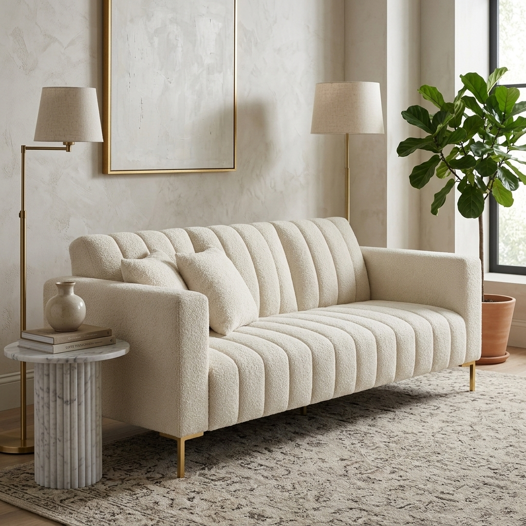 Cream boucle fluted sofa with gold legs angled lifestyle view