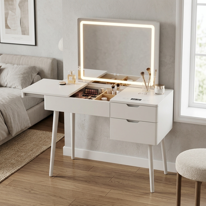 White smart dressing table with LED mirror angled lifestyle view
