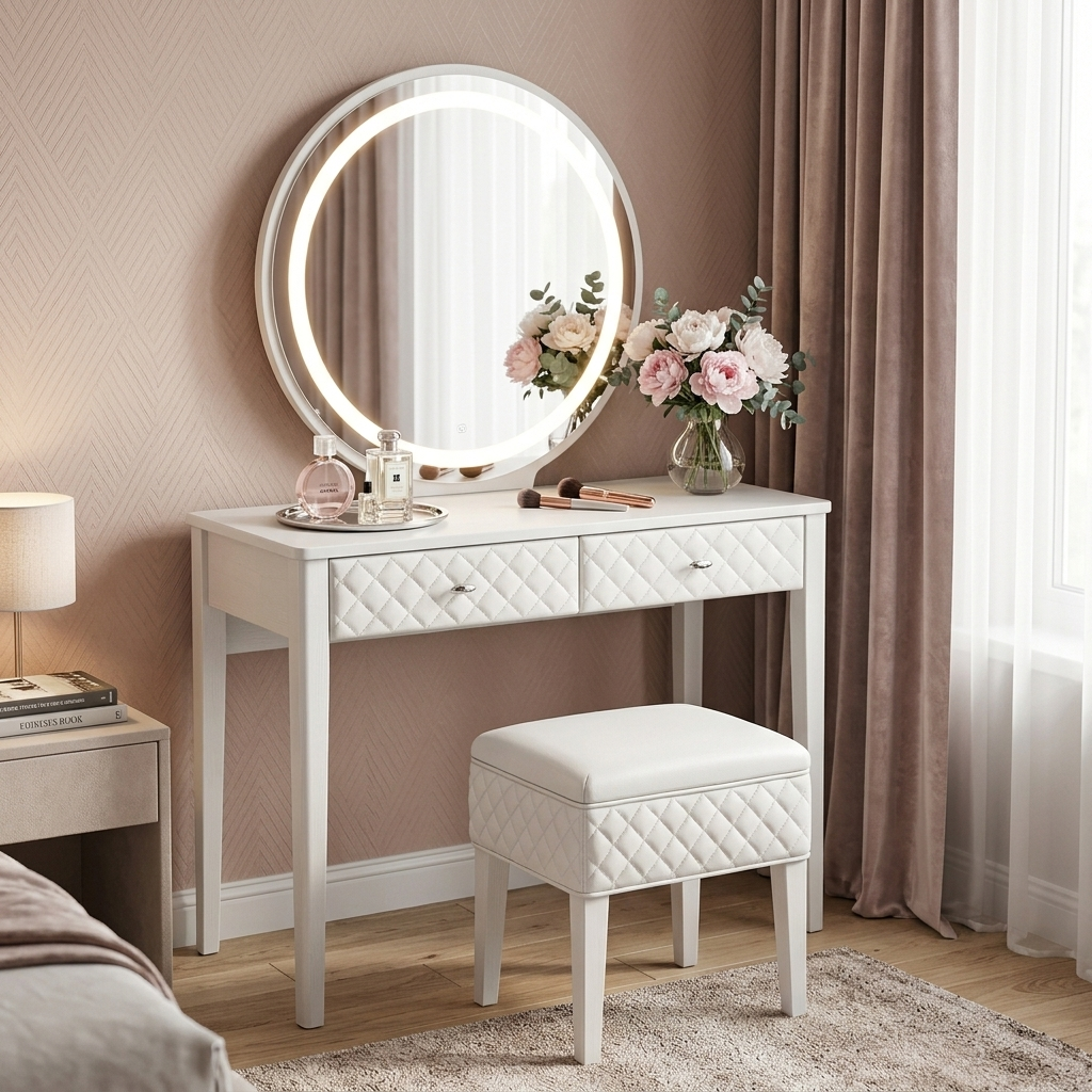 Makeup vanity set with LED mirror glowing, angled bedroom view