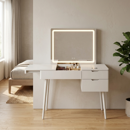 White smart dressing table with LED mirror styled in a room setting