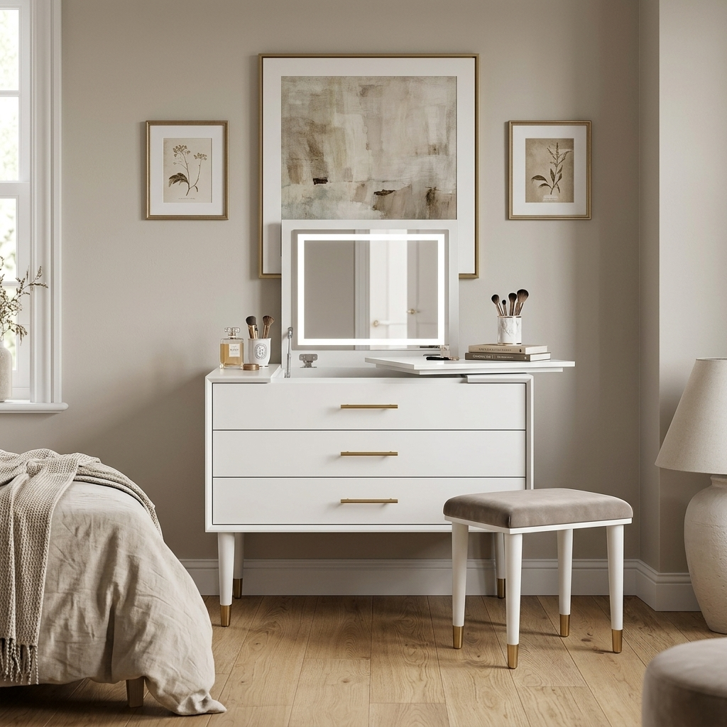 White retractable dressing table styled in a room setting