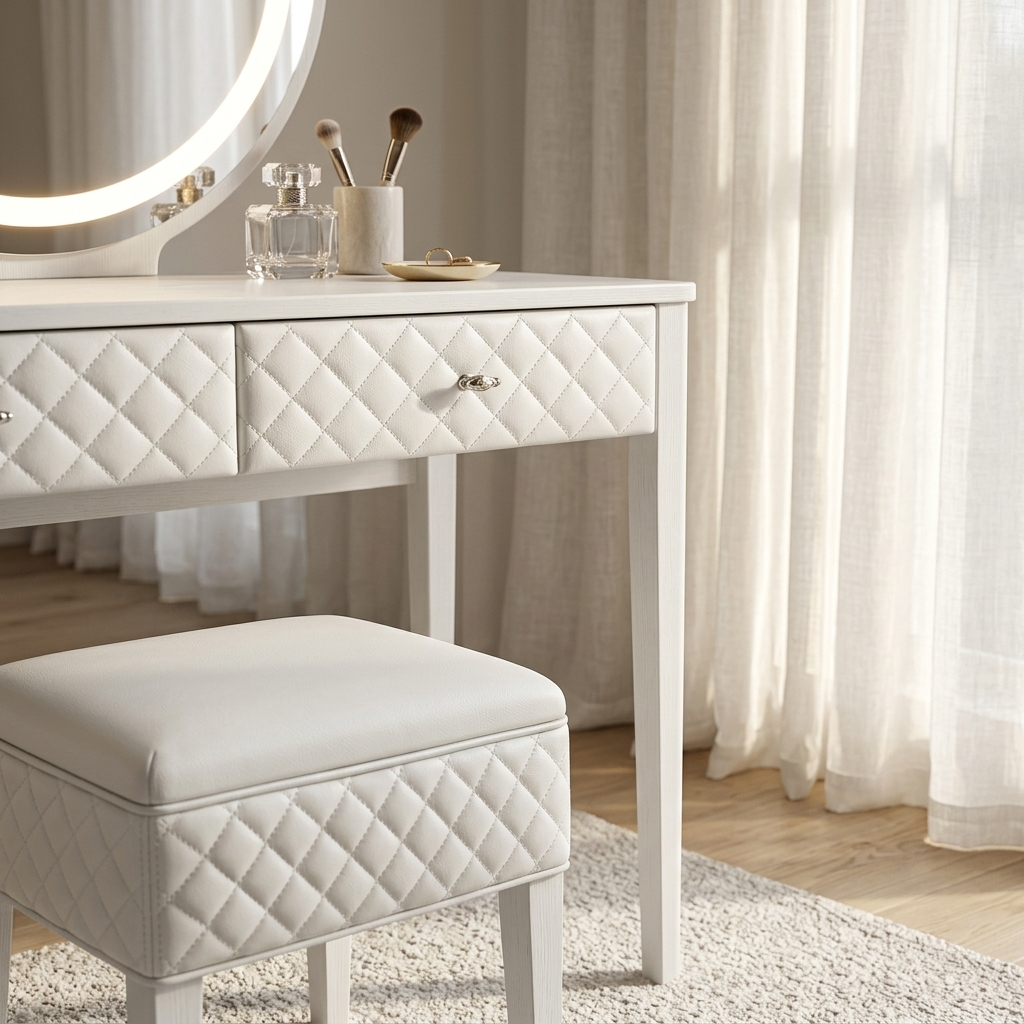 Close-up of quilted leather vanity drawers and stool