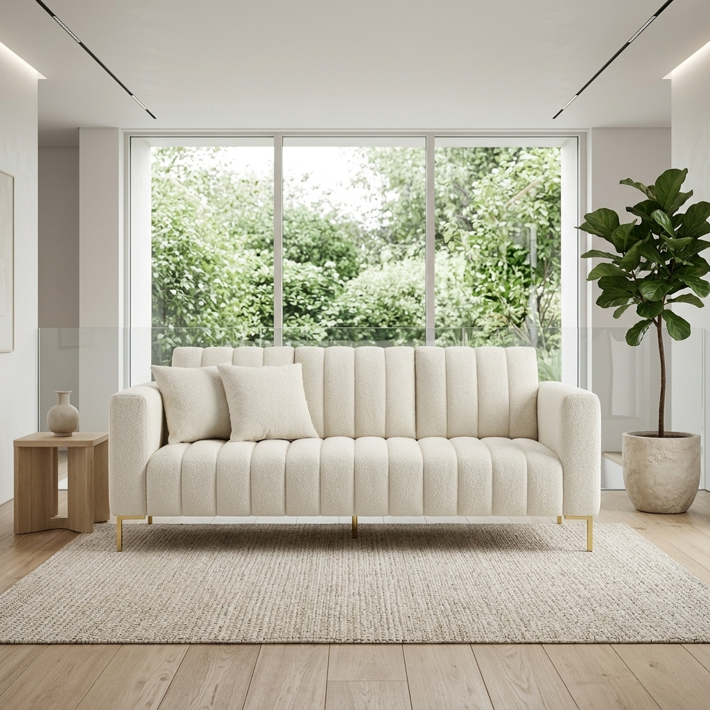 Cream boucle fluted sofa with gold legs styled in a room setting