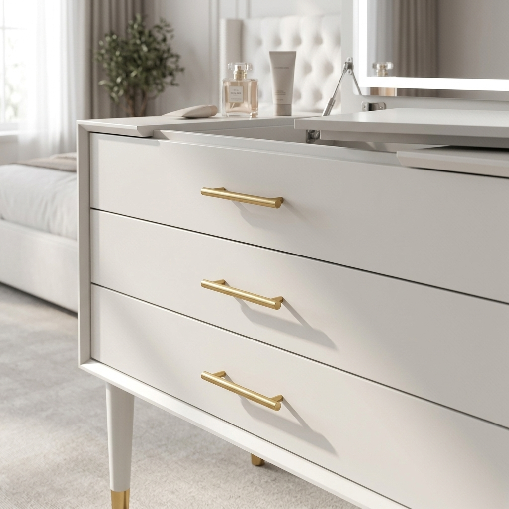 White retractable dressing table close-up detail view