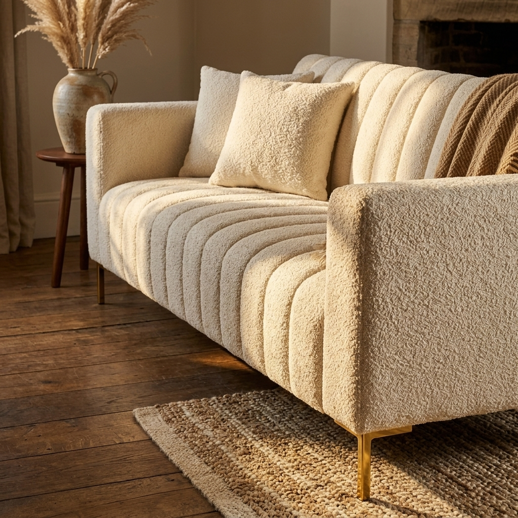 Cream boucle fluted sofa with gold legs close-up detail view