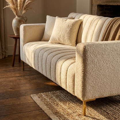 Cream boucle fluted sofa with gold legs close-up detail view