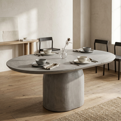 Concrete grey extendable pedestal dining table angled lifestyle view