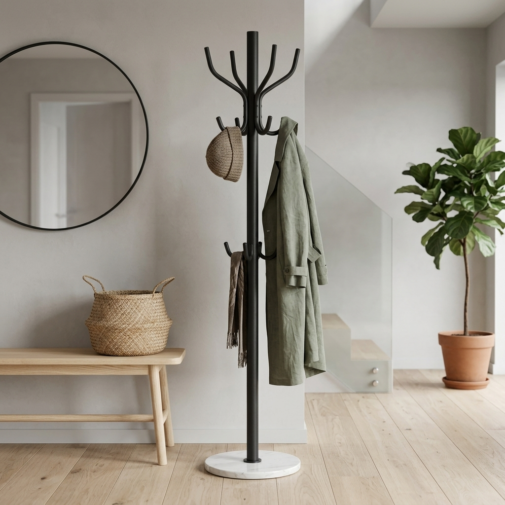 Black metal coat rack with marble base angled lifestyle view