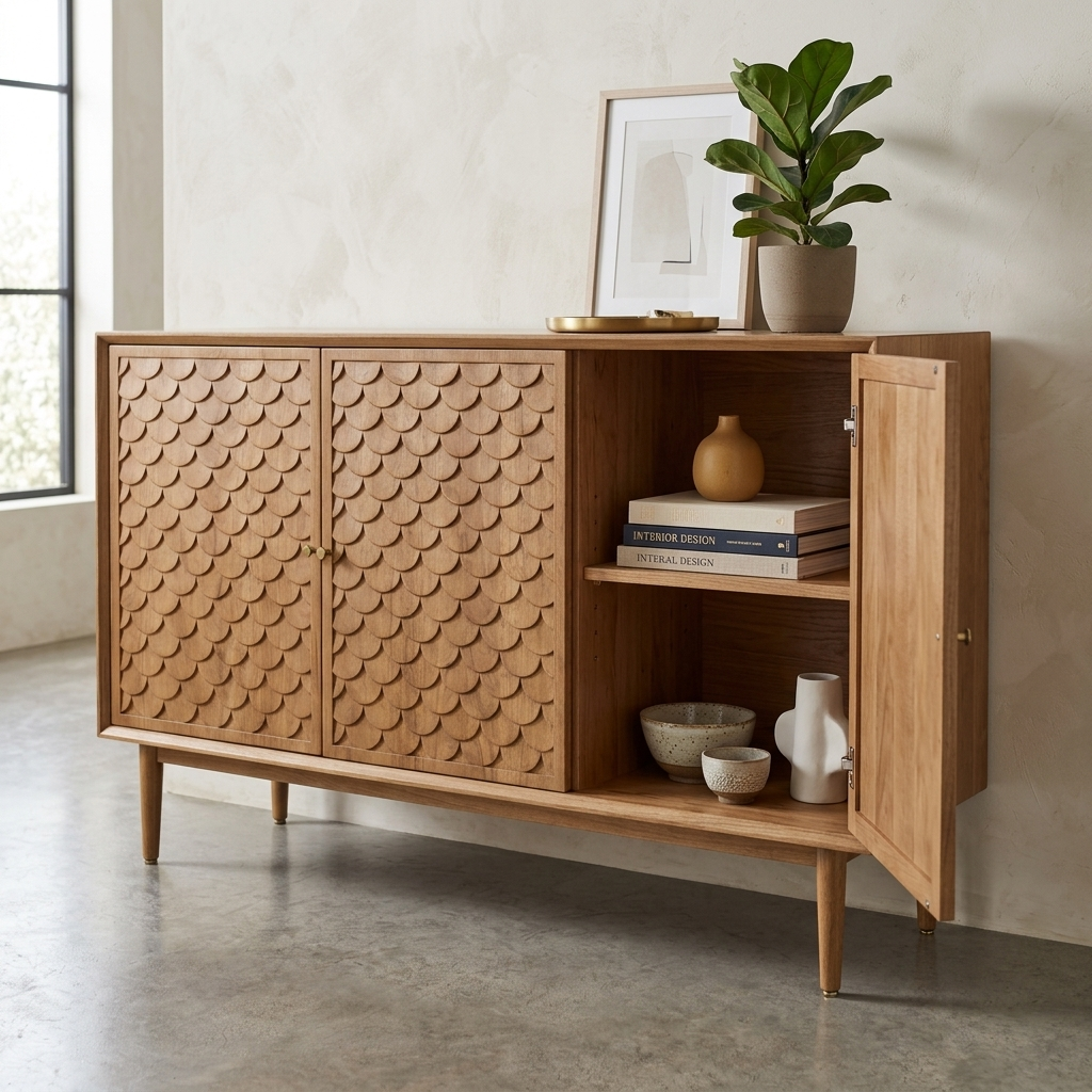 Scale-patterned wood sideboard angled lifestyle view