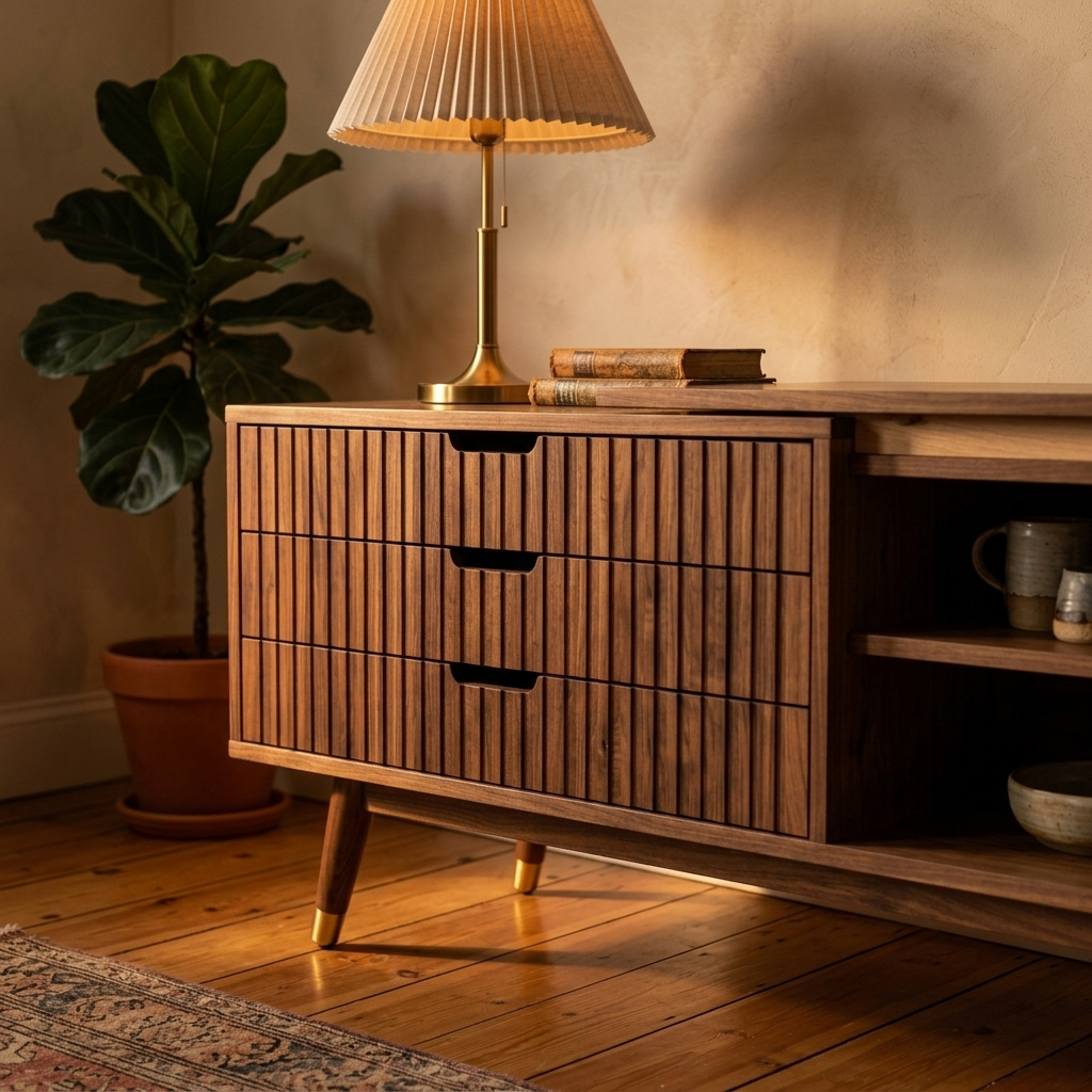 Walnut extendable TV stand close-up detail view