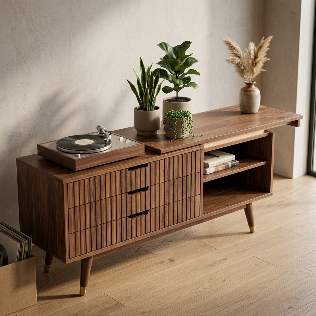 Walnut extendable TV stand angled lifestyle view