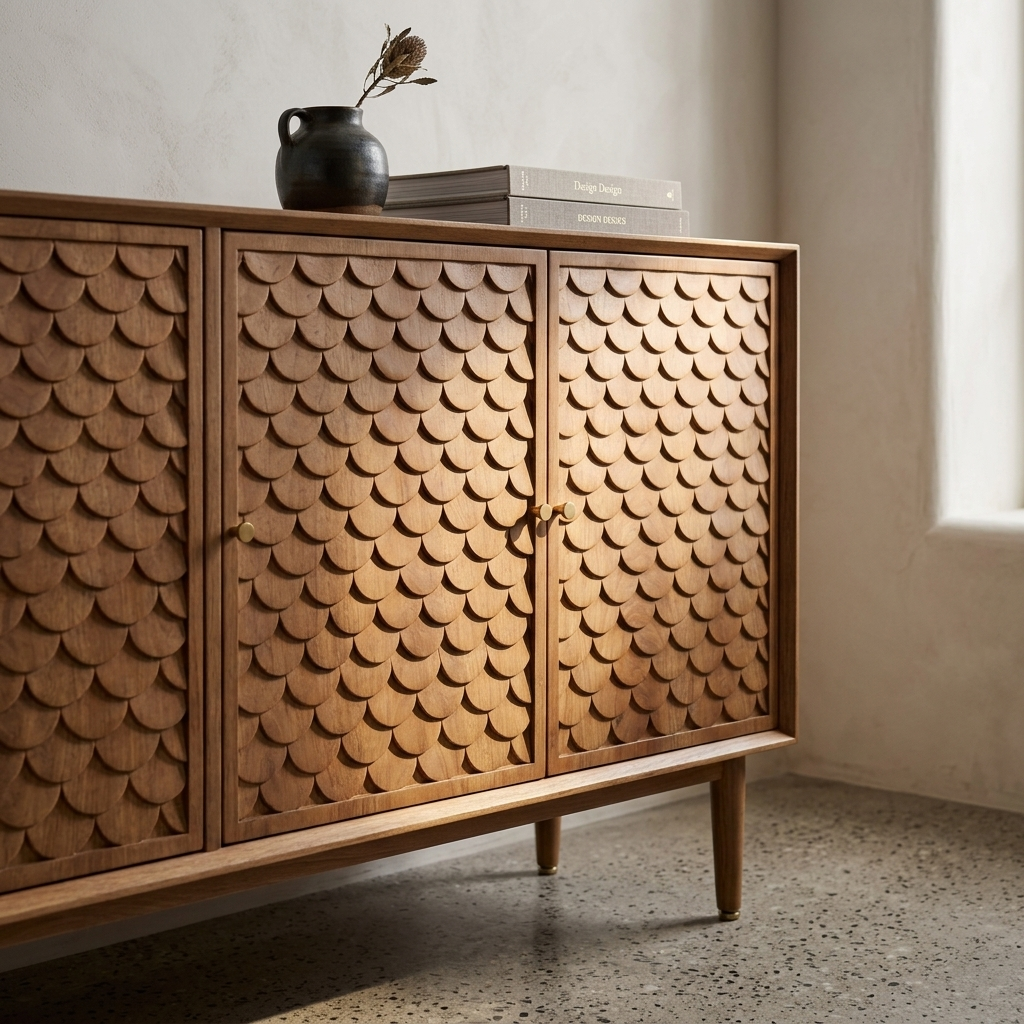 Scale-patterned wood sideboard close-up detail view